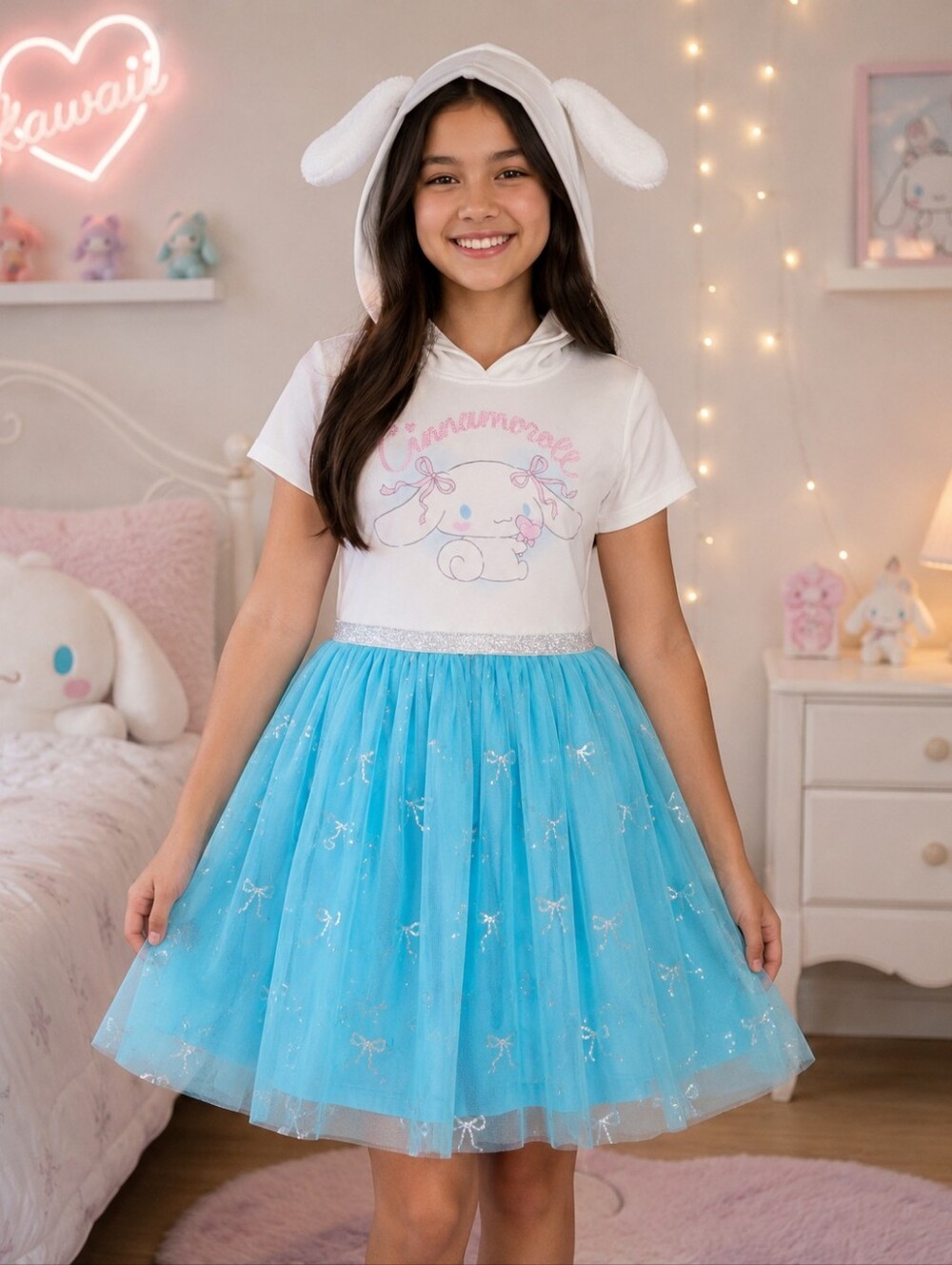 Sanrio Cinnamoroll Hooded Costume Dress Girls XL Blue Tulle Skirt Bunny Ears
